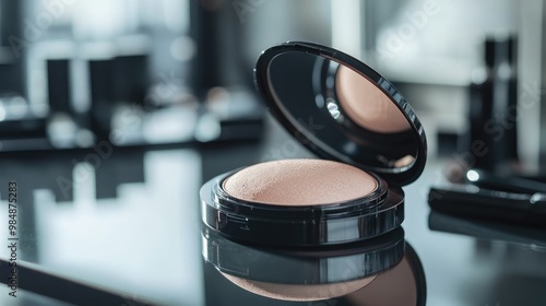 A stylish close-up of a powder puff and compact powder on a modern, sleek makeup table, with subtle lighting that highlights the texture and quality of the products. photo