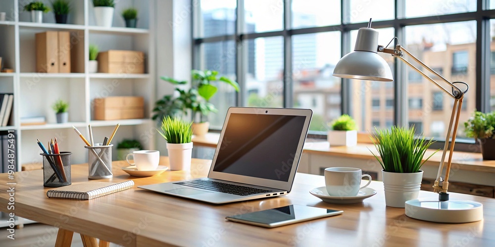 office desk with laptop in office office desk with laptop in office
