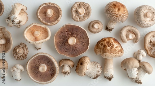 A top view of Eringi mushrooms arranged in a pattern on a white surface, showcasing their varying sizes and textures in an organized display.