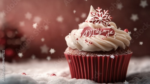 Cupcake with Merry Christmas text and snowflake decoration