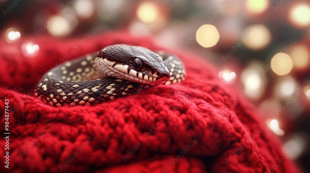 Cute snake in a red knitted blanket against the background of New Year's bokeh. symbol of the new year - snake, illustration of a snake for a calendar, postcard or congratulations for the new year Cute snake in a red knitted blanket against the background of New Year's bokeh. symbol of the new year - snake, illustration of a snake for a calendar, postcard or congratulations for the new year