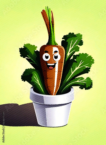 Cartoon carrot in a pot on a green background. Vector illustration.