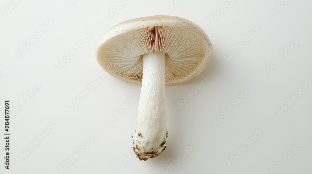Fototapeta premium A top-down shot of a single, pristine mushroom with a perfect cap and stem, set against a white surface to highlight its natural elegance and simplicity.