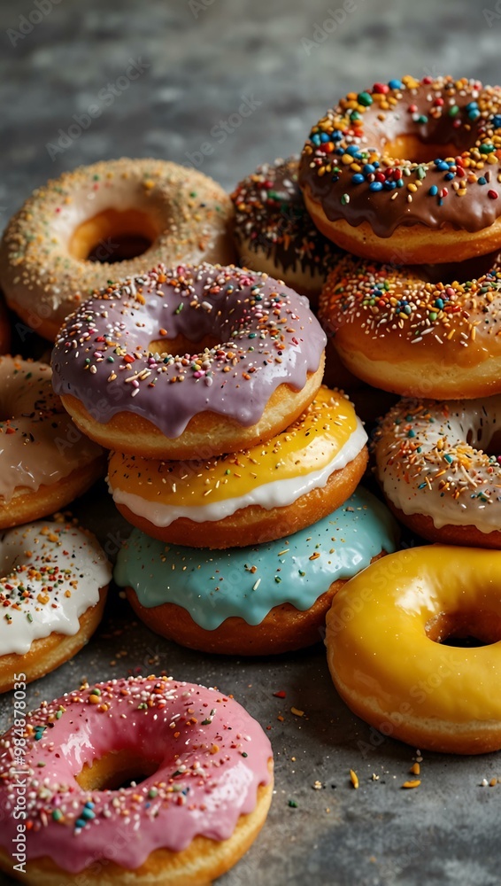 Stack of donuts with various flavors and sizes. Stack of donuts with various flavors and sizes.