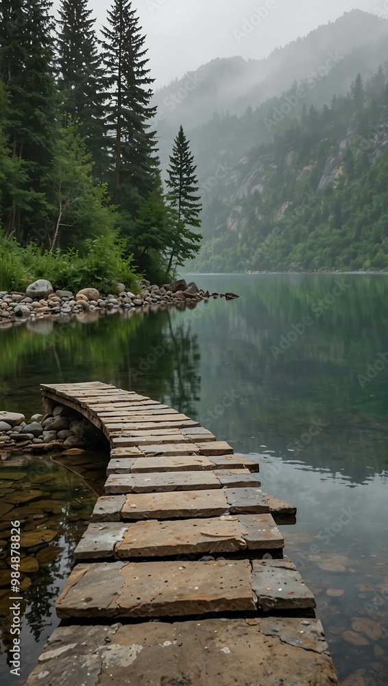 Stone path leading to a peaceful lake under misty mountain reflections. Stone path leading to a peaceful lake under misty mountain reflections.