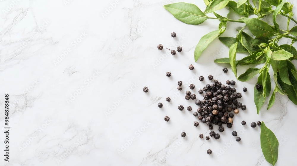 Fototapeta premium A top-down view of a fresh peppercorn plant with black peppercorns on a white countertop, showcasing the raw ingredient used in various cuisines.