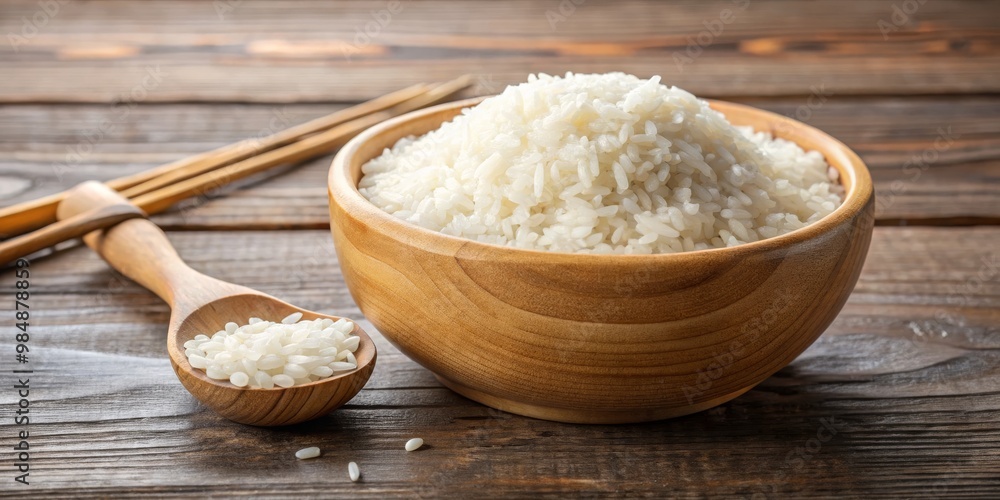 A Wooden Bowl Filled With Steamed Rice, Wooden Spoon and Chopsticks on Rustic Wood, Asian Cuisine, Rice Bowl, Steamed Rice A Wooden Bowl Filled With Steamed Rice, Wooden Spoon and Chopsticks on Rustic Wood, Asian Cuisine, Rice Bowl, Steamed Rice