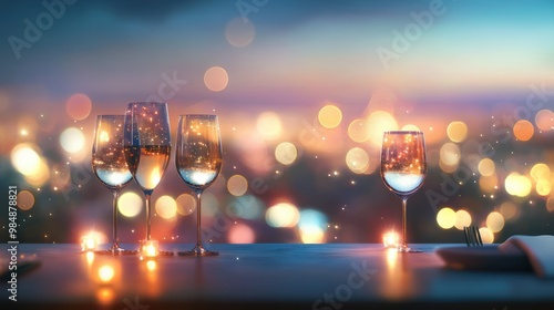 Glasses placed on restaurant table with table coordination setup and sparkling bokeh background