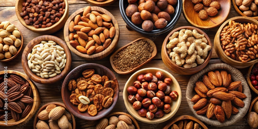 Assortment of Nuts and Seeds in Wooden Bowls, Top View, Food Photography, Nuts, Seeds , Healthy Snack Assortment of Nuts and Seeds in Wooden Bowls, Top View, Food Photography, Nuts, Seeds , Healthy Snack