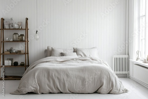 Wallpaper Mural Elegant Minimalist Bedroom Interior with Unmade Bed, Light Grey Linen, and Modern Decor Serene Home Design Concept Symmetrical Wide-Angle View for Interior Inspiration Torontodigital.ca