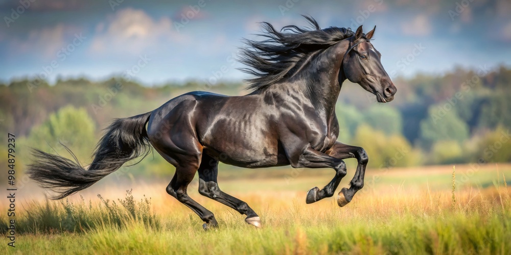 Black Stallion Galloping Through a Field, Horse, Nature, Freedom Black Stallion Galloping Through a Field, Horse, Nature, Freedom