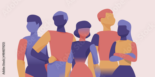 Abstract representation of five human figures standing together, symbolizing unity, teamwork, and collaboration with modern design and colors.