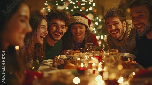 Group of cheerful friends having fun eating Christmas dinner together by decorated table. Young people having a get together on winter night.