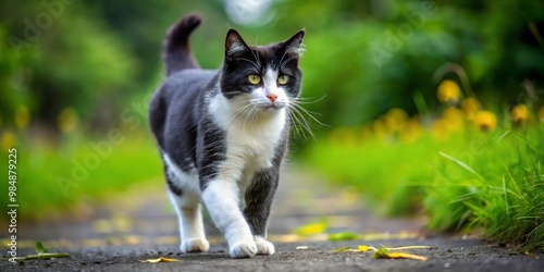 Black and White Cat Walking...