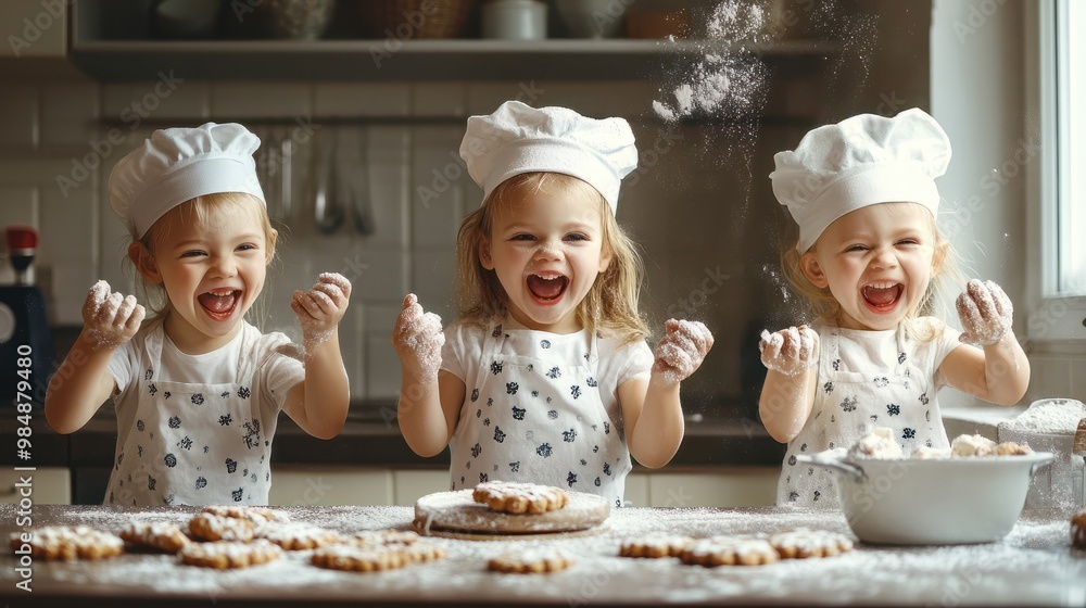 Happy family funny kids bake cookies in kitchen. Creative and happy childhood concept. Happy family funny kids bake cookies in kitchen. Creative and happy childhood concept.