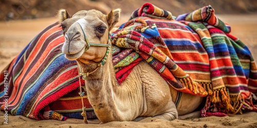 Camel Resting in Colorful Blanket, Desert, Animal, Travel, Culture