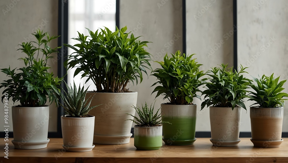 Stylish set of green potted plants for modern interiors. Stylish set of green potted plants for modern interiors.