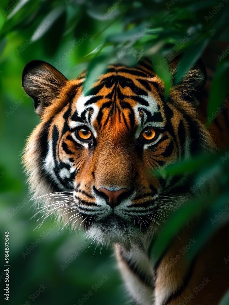 A captivating close-up portrait of a tiger with piercing orange eyes, framed by lush green foliage. The tiger's gaze is intense and powerful, symbolizing strength, wilderness, and beauty. A captivating close-up portrait of a tiger with piercing orange eyes, framed by lush green foliage. The tiger's gaze is intense and powerful, symbolizing strength, wilderness, and beauty.