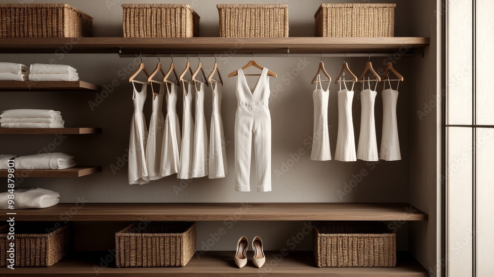 Minimalist Closet Interior with White Clothing on Wooden Hangers, Organized Storage and Serene Textured Background - Modern Home Organization Concept for Interiors and Fashion Marketing Minimalist Closet Interior with White Clothing on Wooden Hangers, Organized Storage and Serene Textured Background - Modern Home Organization Concept for Interiors and Fashion Marketing