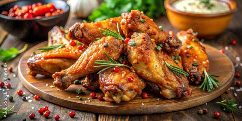 Close-up of Crispy Chicken Wings with Rosemary and Spices on Wooden Board, Food Photography, Chicken Wings, Appetizer , Chicken Recipes Close-up of Crispy Chicken Wings with Rosemary and Spices on Wooden Board, Food Photography, Chicken Wings, Appetizer , Chicken Recipes