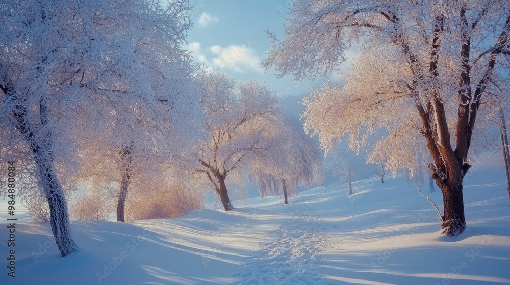 A tranquil winter landscape with frosted trees and a gentle blanket of snow. A tranquil winter landscape with frosted trees and a gentle blanket of snow.