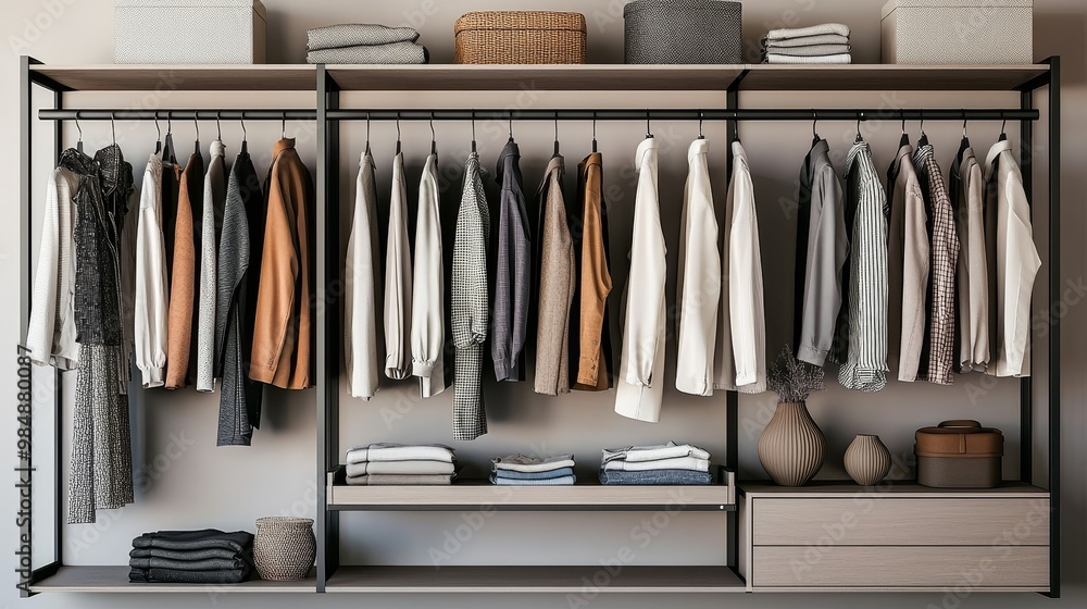 Modern Minimalist Closet with Black Metal Frame and Neutral Color Palette, Serene Wardrobe Organization Concept, Contemporary Home Decor and Fashion Inspiration Modern Minimalist Closet with Black Metal Frame and Neutral Color Palette, Serene Wardrobe Organization Concept, Contemporary Home Decor and Fashion Inspiration