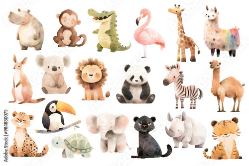 Watercolor safari animals isolated on transparent background, baby illustrations