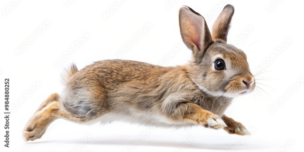 Fototapeta premium Cute Brown Rabbit Leaping Isolated on White, Rabbit, Hare, Bunny