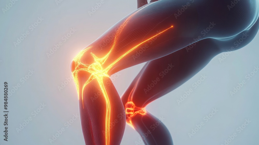 A 3D illustration of a human leg with the knee joint highlighted in red, indicating pain or injury. A 3D illustration of a human leg with the knee joint highlighted in red, indicating pain or injury.