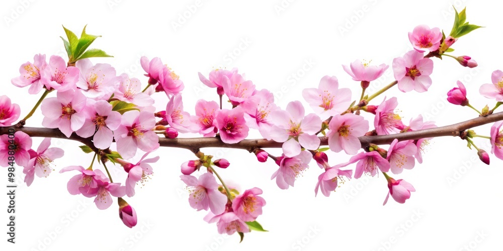 Delicate Pink Cherry Blossom Branch, White Background, Close Up, Spring Flowers, Blooming, Japan, Nature Delicate Pink Cherry Blossom Branch, White Background, Close Up, Spring Flowers, Blooming, Japan, Nature