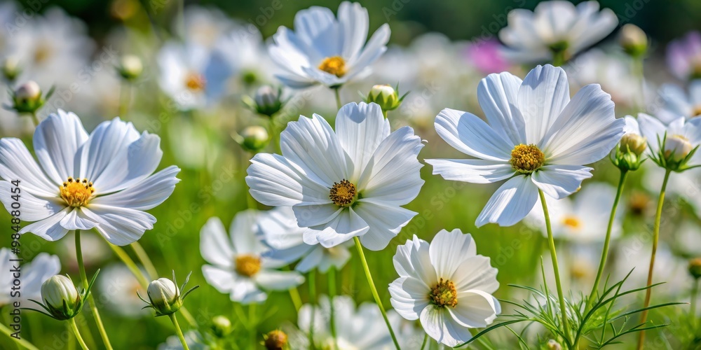 Delicate White Cosmos in Bloom, Nature's Beauty, Cosmos Flower, White Flower , Flower Field Delicate White Cosmos in Bloom, Nature's Beauty, Cosmos Flower, White Flower , Flower Field