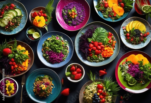 colorful display diverse plant based meals vibrant plates featuring fresh ingredients creative presentation, arrangement, artistry, appetizing, assortment