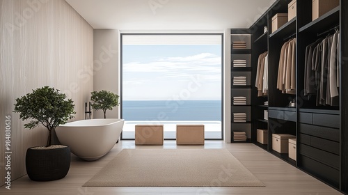 Serene Luxury Minimalist Modern Bathroom with Ocean View, Freestanding Bathtub, and Wardrobe. Calm, Elegant Home Interior Design Concept