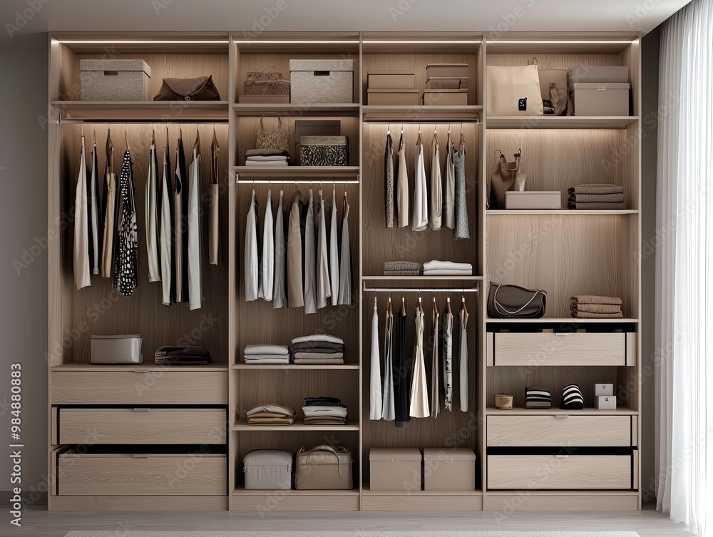 Modern Minimalist Walk-In Closet Organization with Light Wood Tones and Elegant Design, Luxury Storage Solutions for Interior Design Inspiration Modern Minimalist Walk-In Closet Organization with Light Wood Tones and Elegant Design, Luxury Storage Solutions for Interior Design Inspiration