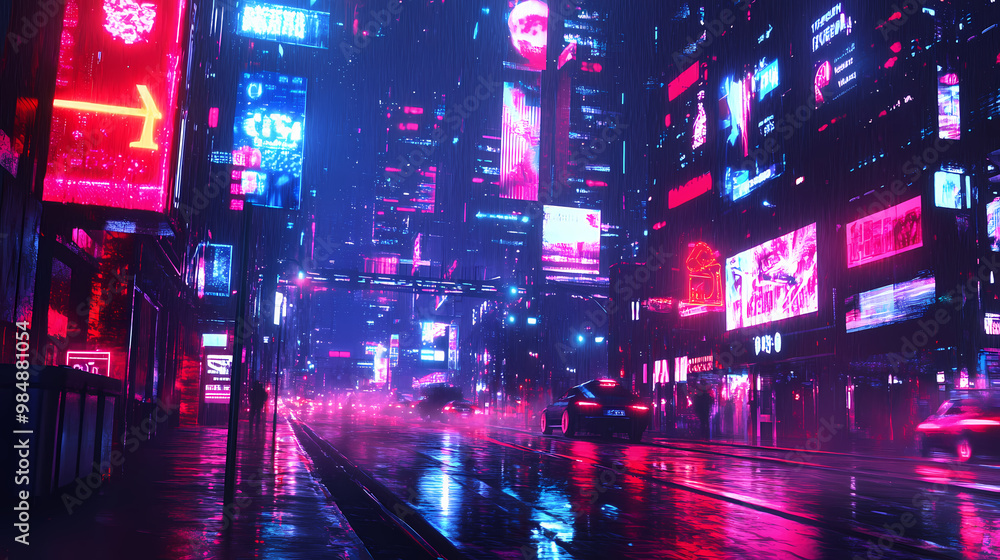 Roman road in a cyberpunk city with neon lights and holographic ads. Neon District. Illustration Roman road in a cyberpunk city with neon lights and holographic ads. Neon District. Illustration