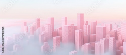 cityscape in soft pastel colors, with modern, minimalistic buildings and light, foggy skies