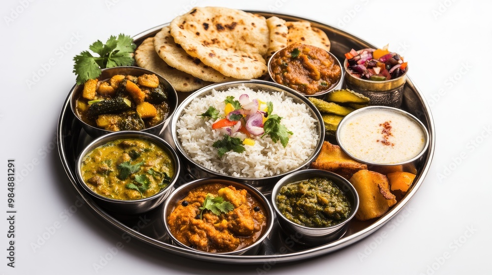 A traditional Indian thali served with a mix of curries, bread, and rice, arranged on a round metal tray with a side of pickles and dessert, all set against a white backdrop. A traditional Indian thali served with a mix of curries, bread, and rice, arranged on a round metal tray with a side of pickles and dessert, all set against a white backdrop.