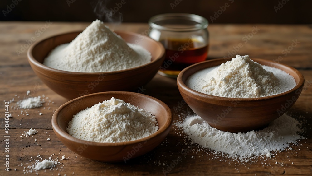 Table with bowls of flour, sugar, and oil. Table with bowls of flour, sugar, and oil.