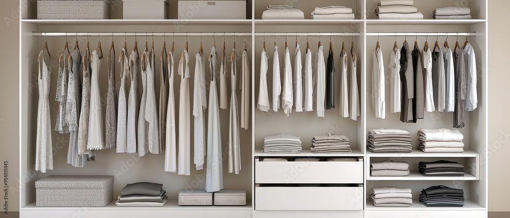 Symmetrical Elegance Minimalist Walk-In Closet with Organized Clothing Display, Modern Interior Design Inspiration for Home Decor and Storage Solutions Symmetrical Elegance Minimalist Walk-In Closet with Organized Clothing Display, Modern Interior Design Inspiration for Home Decor and Storage Solutions