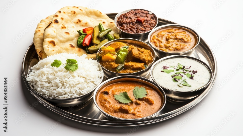 A traditional Indian thali with a variety of dishes including curry, dal, rice, naan, and pickles, arranged on a stainless steel tray against a clean white background. A traditional Indian thali with a variety of dishes including curry, dal, rice, naan, and pickles, arranged on a stainless steel tray against a clean white background.