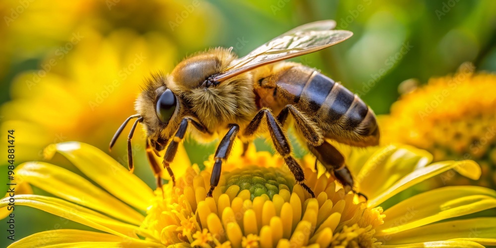 Honeybee on Yellow Flower Macro, Bee, Pollination, Flower Honeybee on Yellow Flower Macro, Bee, Pollination, Flower
