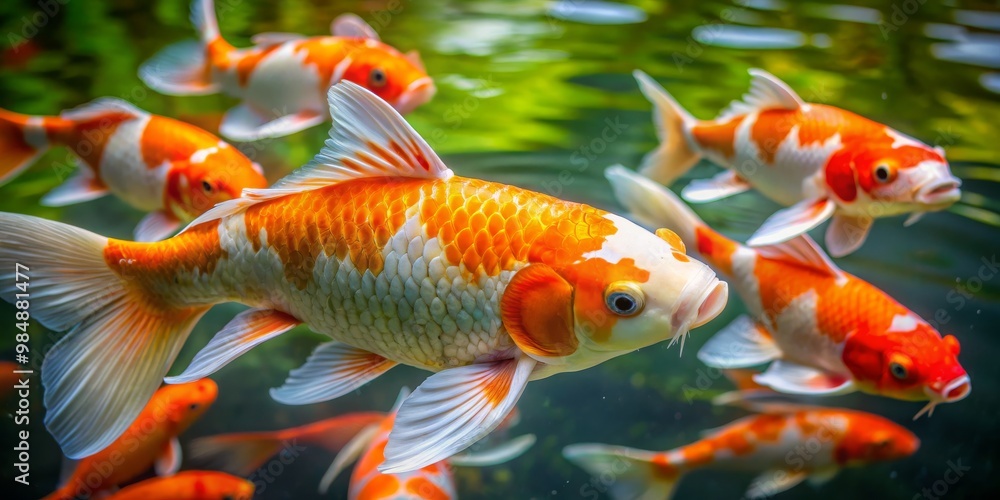 Koi Fish Swimming in Green Water, Close Up, Colorful Fish, Aquatic Life, Koi, Fish, Pond Koi Fish Swimming in Green Water, Close Up, Colorful Fish, Aquatic Life, Koi, Fish, Pond