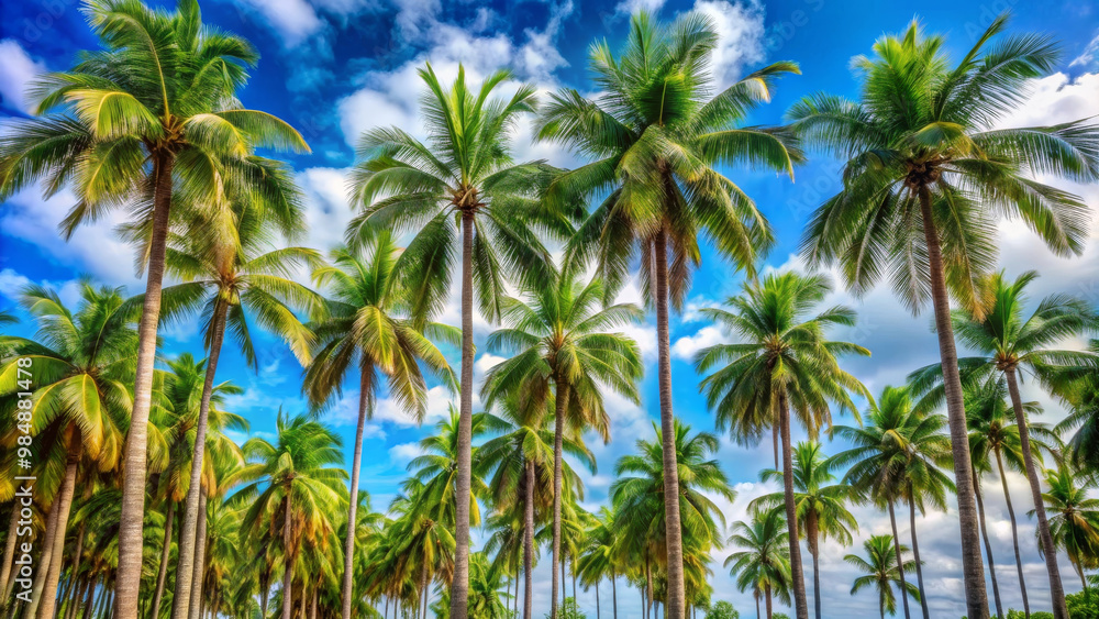 Lush palm trees sway gently under bright blue sky, creating tropical paradise. vibrant greenery and fluffy clouds evoke sense of tranquility and relaxation Lush palm trees sway gently under bright blue sky, creating tropical paradise. vibrant greenery and fluffy clouds evoke sense of tranquility and relaxation