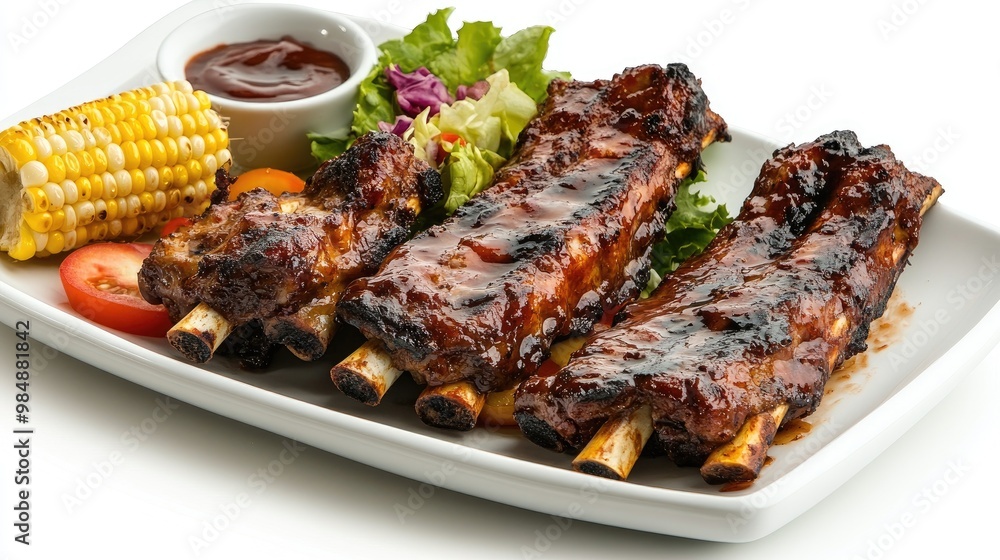 A traditional serving of grilled pork ribs on a white platter, with a side of corn on the cob and a fresh salad, presented against a clean, bright white background. A traditional serving of grilled pork ribs on a white platter, with a side of corn on the cob and a fresh salad, presented against a clean, bright white background.