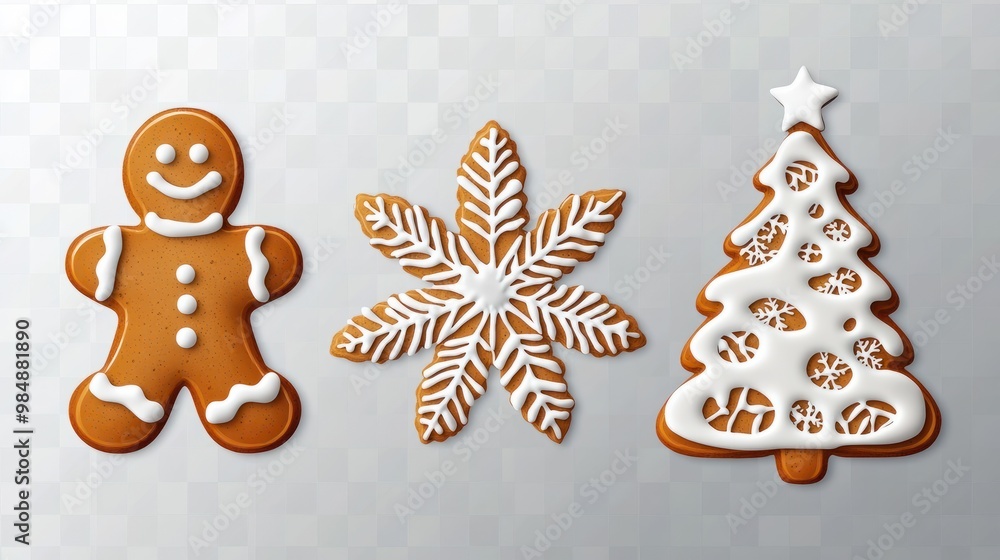 set of gingerbread cookies with the shape of a man, a snowflake and a Christmas tree with white icing on transparent. Christmas gingerbread set of gingerbread cookies with the shape of a man, a snowflake and a Christmas tree with white icing on transparent. Christmas gingerbread