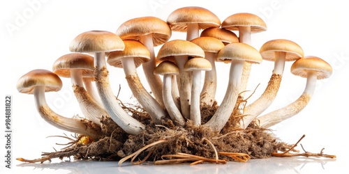 Mushrooms Cluster Close-Up with White Background, Macro Photography, Fungi ,Nature, White Background photo