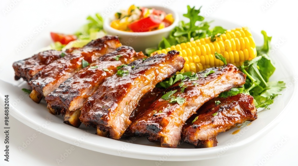 A traditional serving of grilled pork ribs on a white platter, with a side of corn on the cob and a fresh salad, presented against a clean, bright white background. A traditional serving of grilled pork ribs on a white platter, with a side of corn on the cob and a fresh salad, presented against a clean, bright white background.