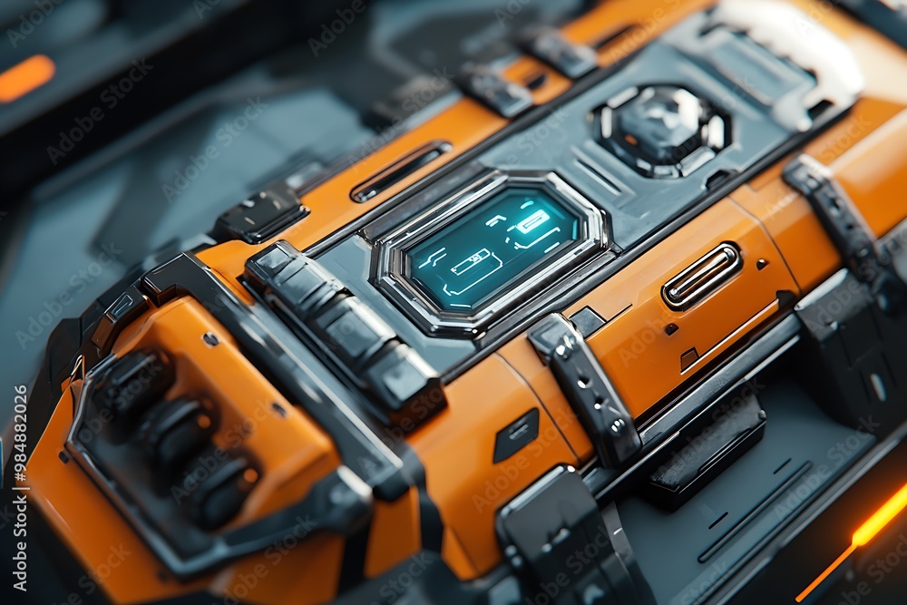 Futuristic Orange and Silver Technology Device Close Up Futuristic Orange and Silver Technology Device Close Up