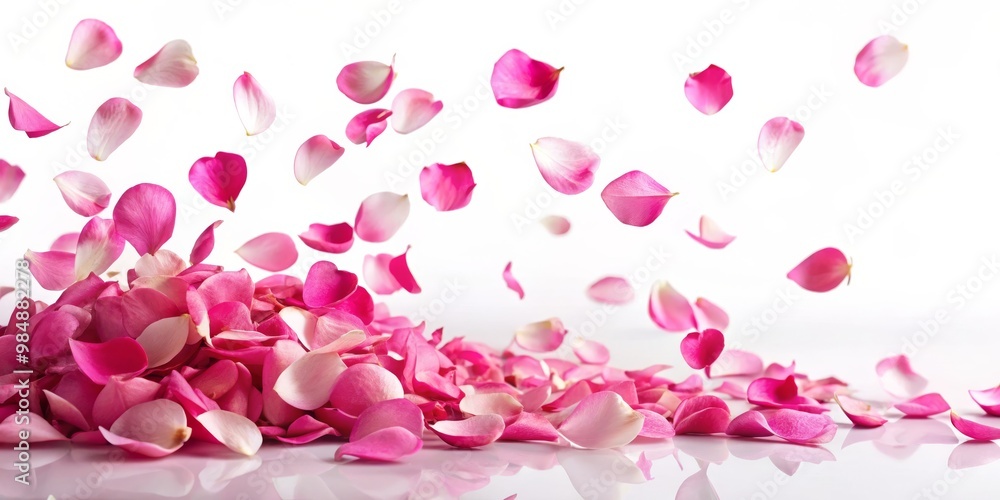 Pink Rose Petals Falling and Laying on a White Background, Floral, Petals, Rose, Love Pink Rose Petals Falling and Laying on a White Background, Floral, Petals, Rose, Love