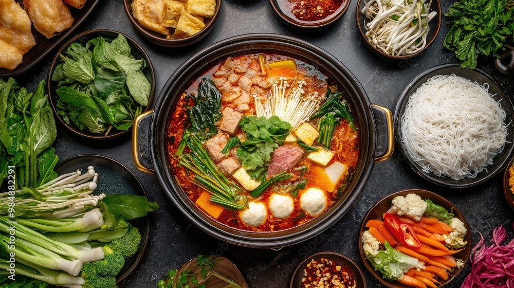 A traditional Thai hot pot (suki) with a variety of ingredients like vegetables, tofu, and meat, simmering in a flavorful broth at the center of the table. A traditional Thai hot pot (suki) with a variety of ingredients like vegetables, tofu, and meat, simmering in a flavorful broth at the center of the table.